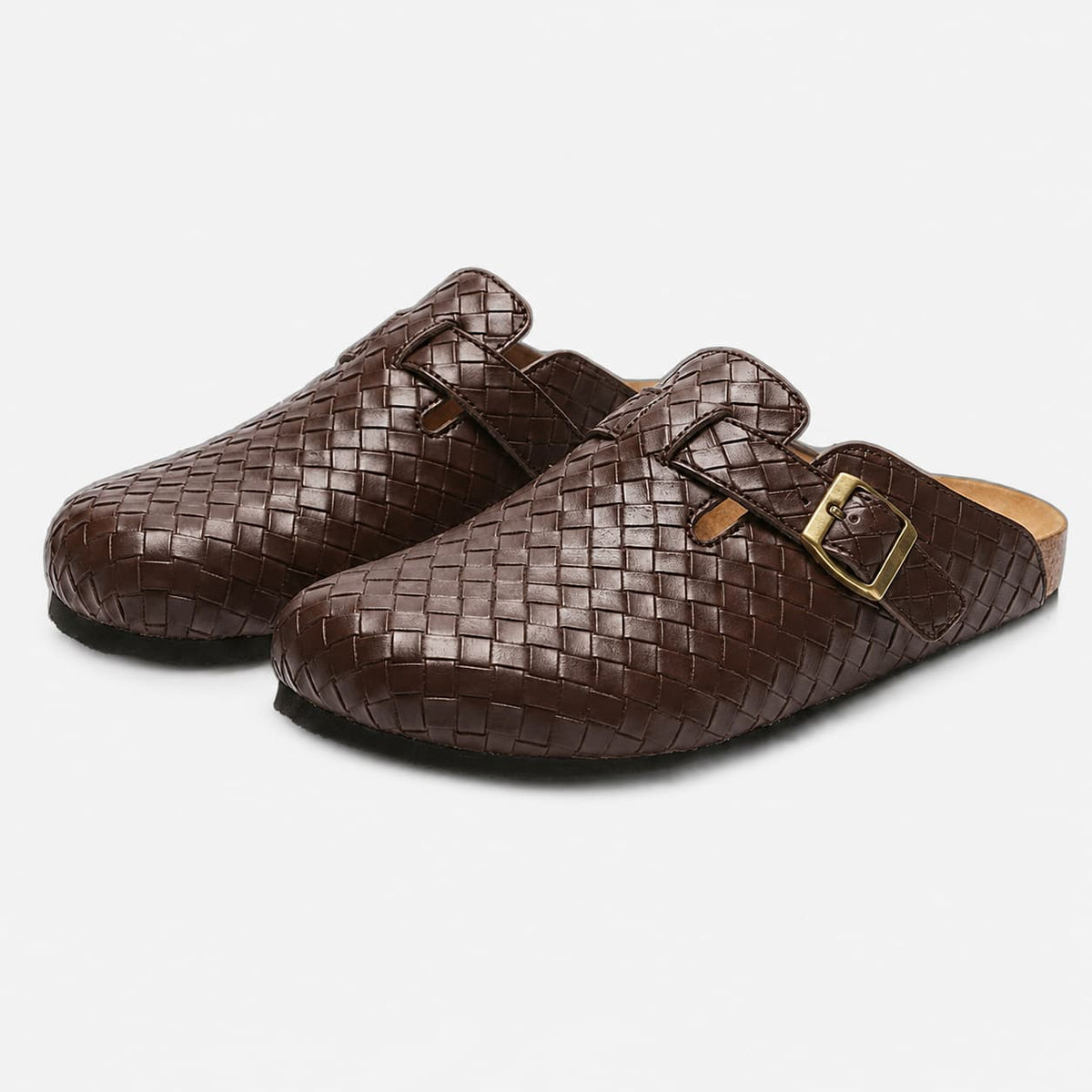 Eugénie Mules en Cuir Tressé Slip-On Sabots avec Bride à Boucle Style Casual