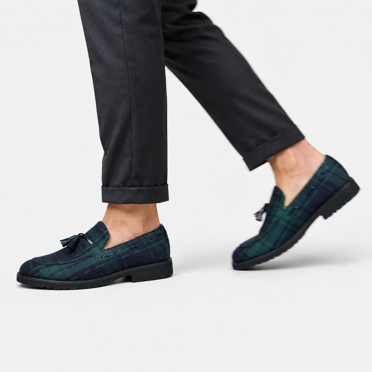 Mocassins À Gland À Carreaux Bleu Et Vert Pour Homme
