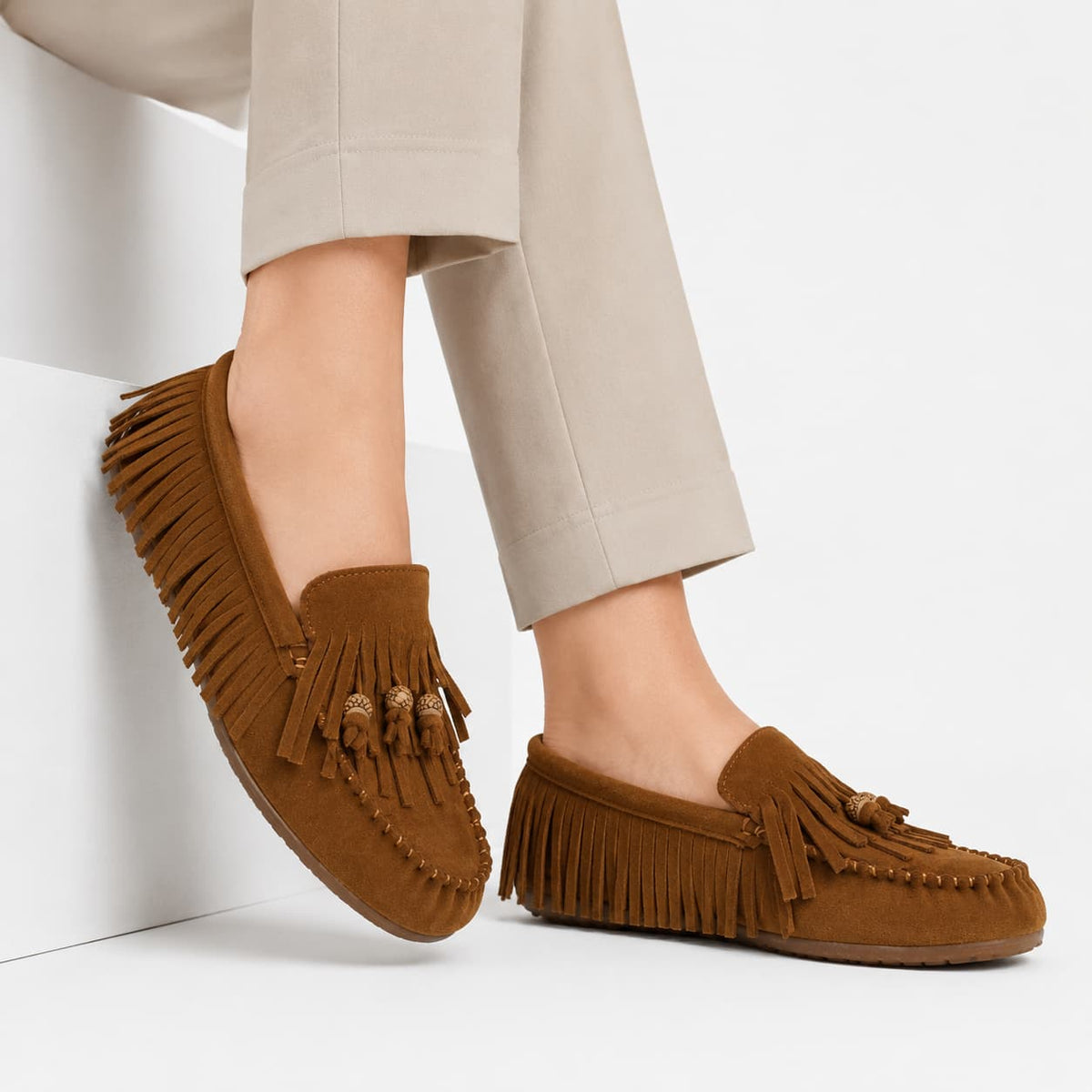 Mocassins À Franges En Daim Pour Femme