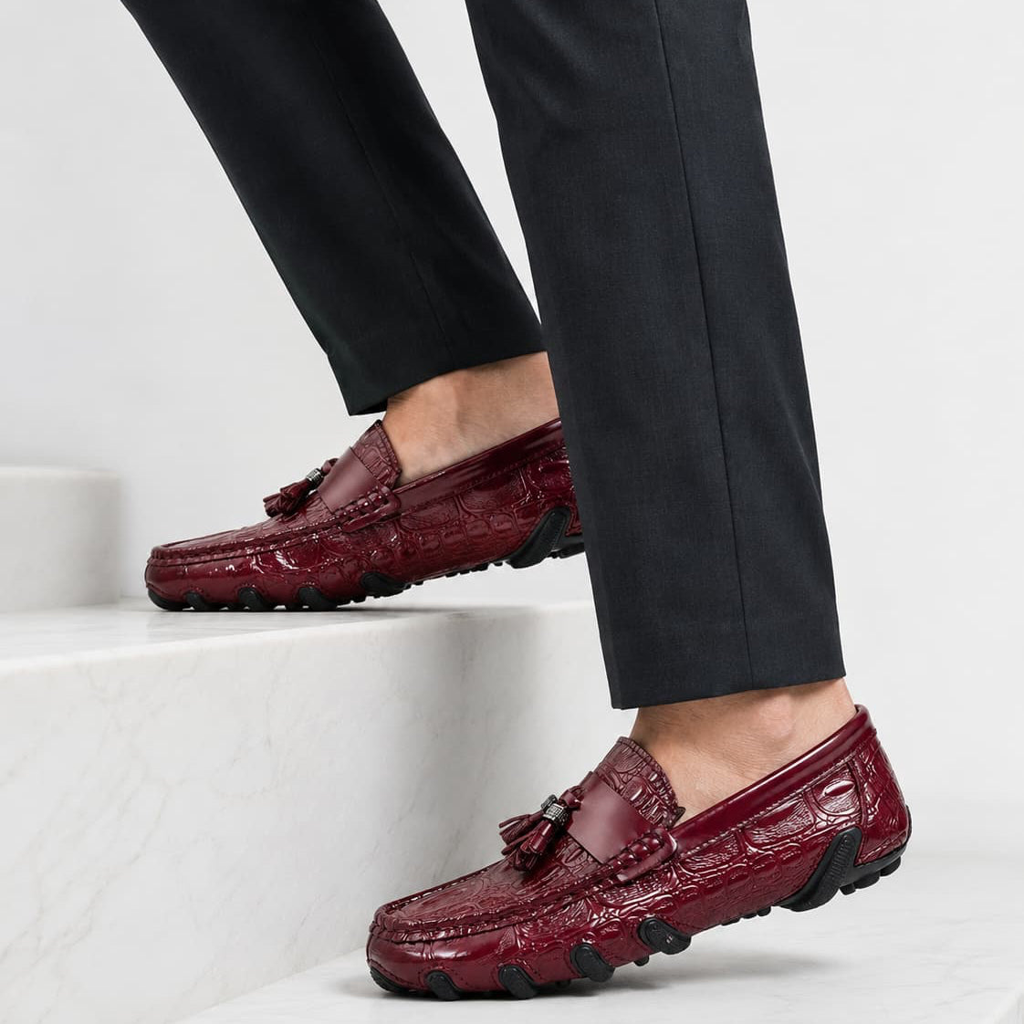 Mocassins À Glands En Cuir Véritable Effet Croco Pour Homme