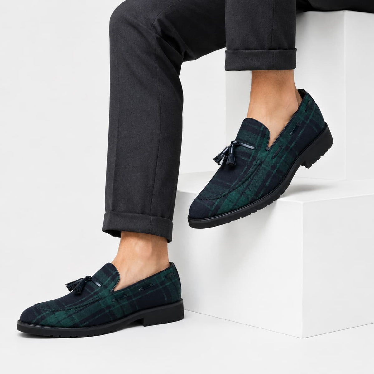 Mocassins À Gland À Carreaux Bleu Et Vert Pour Homme