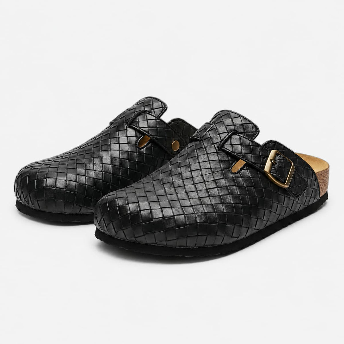 Eugénie Mules en Cuir Tressé Slip-On Sabots avec Bride à Boucle Style Casual